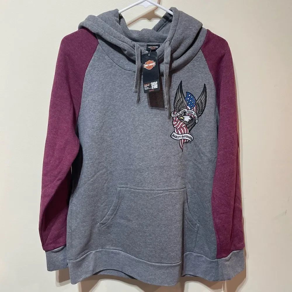 Harley Davidson Womans Sweatshirt Hoodie Gray and Burgandy Size L NWT